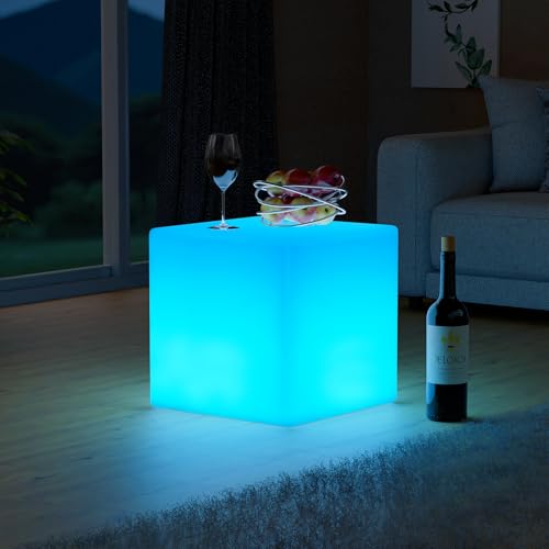 FUYO 12 inch LED Light Cube with Remote Waterproof Light Up Cube Chair 16 RGB Colors LED Table for Kids Night Light Glow Cube for Indoor Outdoor Home Patio Party (White-12 inch)