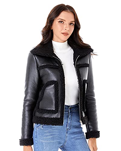 DIASHINY Women's Faux Shearing Fur Winter Coat Warm Thick Fur Lined Faux Leather Jacket 038 Black,M