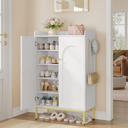 Hzuaneri Schuhschrank, Schuhkommode mit 5 Ebenen, Verstellbare Regalböden, 16-20 Paar, Goldener Griff, Freistehender Schuhschrank für Eingang, Flur, Garderobe, 36 × 74 × 115 cm, Weiß SR67803A