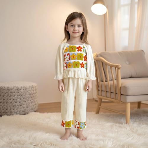 Toddler Girl Crochet Floral Outfit Long Sleeve Boho Ruffle Top and Flower Pants Set 2Pcs Infant Baby Fall Clothes Sets3