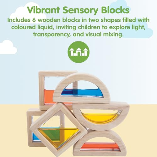 Image of PlanToys Water Blocks Wooden Montessori Sensory and STEM Building Toy | Light, Colour, Creativity and Fine Motor Skill Development | Eco Friendly Open Ended Learning Activity
