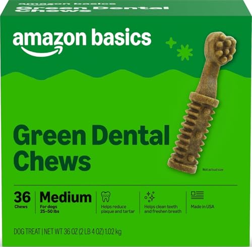 Image of Amazon Basics Dental Dog Treats to Help Clean Teeth & Freshen Breath for Medium Dogs, Unflavored, Per Pack: 36 Count, 2.25 pounds (Previously Wag)