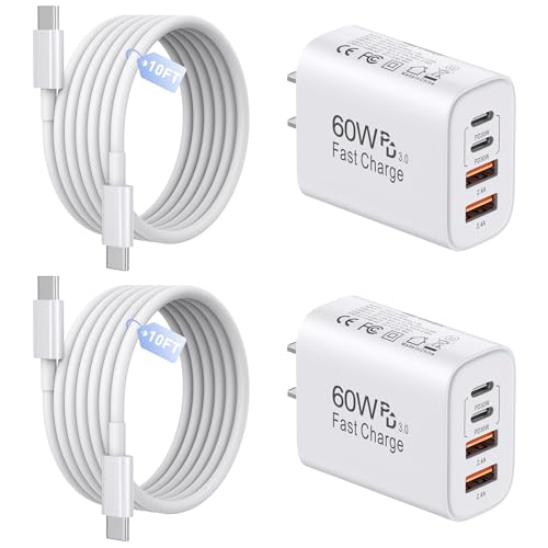 60W USB C Charger,2Pack 10FT iPhone 17 Pro Max Charger Fast Charging,4Port USB-A USBC Charger Block with 10ft USB C Cable Cord for Apple iPhone 17 Pro Max/17 Air/16 Pro Max/15 Plus/16/iPad,AirPods - image 1