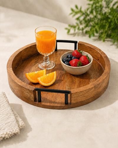 Image of D&G Homes Sheesham Wood Round Serving Tray | Premium Handcrafted Wooden Tray for Home, Kitchen, Dining Table, Restaurant, Office Organizer| Indian Craftsmanship