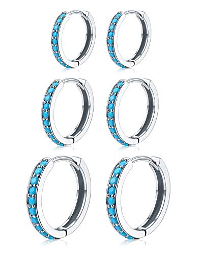 NOKMIT 3 Pairs Mini Hoop Earrings Set Turquoise Cubic Zirconia Huggie Hoop Cartilage Earring Ear Cuff for Women (Turquoise/CZ)