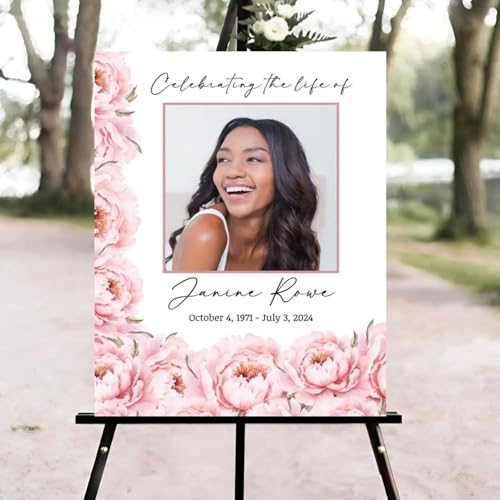 Pink Peony Floral Funeral Welcome Sign, Celebration of Life Welcome Sign, in Loving Memory Sign, Celebration of Life Funeral Sign, Celebration of Life Sign, Memorial Sign with Photo #fR125