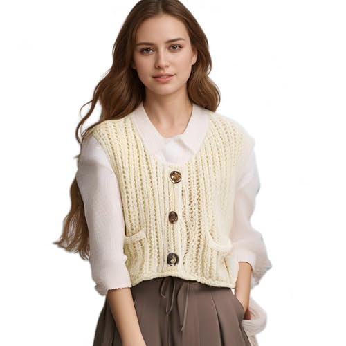 Image of Hixiaohe Womens Crochet Chunky Knit Top Sleeveless Button Down Crop Tops Trendy Cardigan Sweater Vest for Women with Pockets