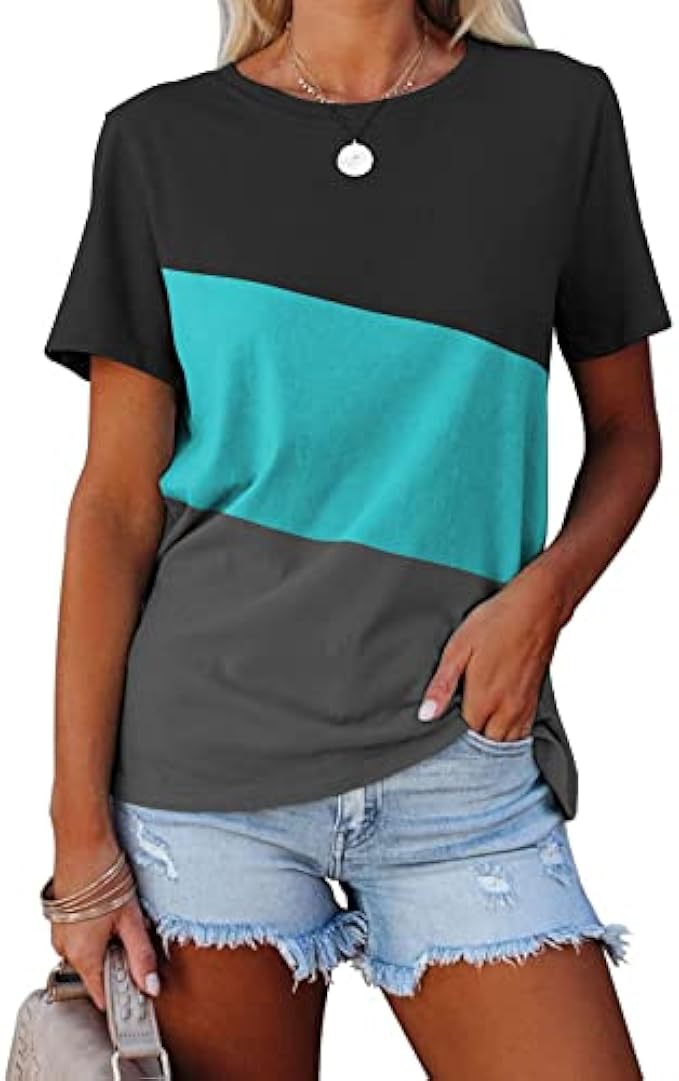 ORANDESIGNE Women's Color Block Short Sleeve T Shirts Casual Crew Neck Tops Basic Summer Loose Fit Tees