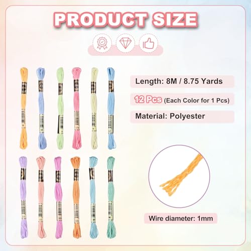 Image of PATIKIL 12 Skeins Embroidery Floss Polyester Embroidery Threads Bracelets String for Cross-Stitch Hand Embroidery, Soft Colors