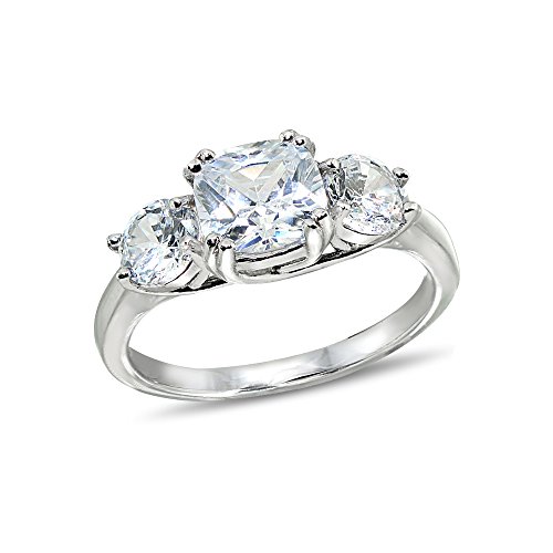 Hoops & Loops Sterling Silver Cubic Zirconia Cushion Cut Three-Stone Royal Engagement Wedding Ring2