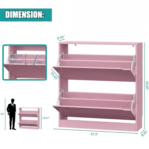 Image of Xixini Shoe Storage Cabinet for Entryway with 2 Flip Drawers, Wood Freestanding Hidden Shoe Storage, Narrow Slim Sturdy Shoe Organizer for Front Door Entrance, Living Room, Hallway, Bedroom, Pink