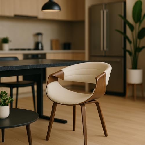 Cadeira De Jantar Luxo Estofada Courino Creme Moderna Madeira Nicole