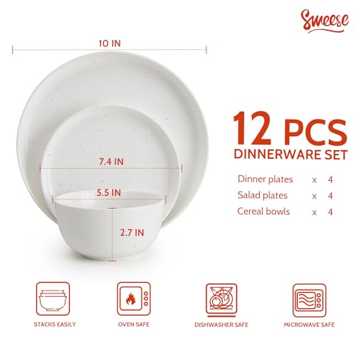 Sweese Dinnerware Sets Service for 4, 12 pcs Matte Speckled Glaze Plates and Bowls Sets, Handmade Ceramic Dish Set, Highly Chip and Crack Resistant Modern Plate Set, White by Sweese - Image 2