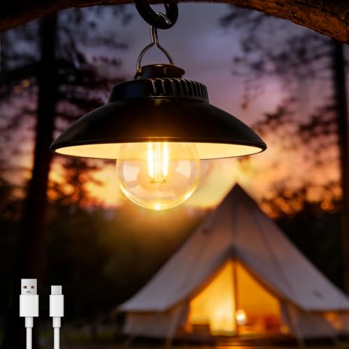 Camping Lantern Rechargeable, Portable Retro LED Camping Lights Battery Powered, 2 Modes, Waterproof, Hanging Hook Tent Lamp for Hiking, Fishing, Emergency, Power Cuts, Outdoor, Garden (Warm White)