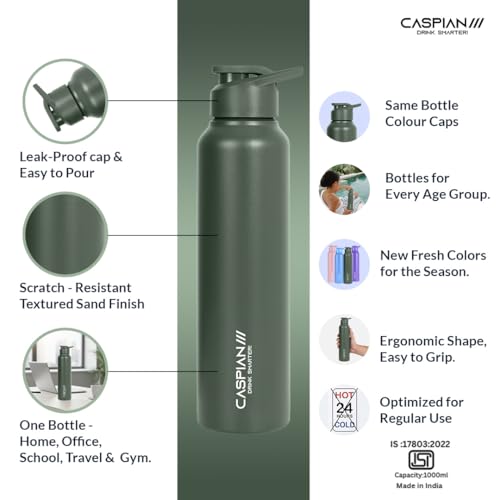 Image of CASPIAN / / / Hike Stainless Steel Customize Sipper Water Bottle Leak Proof Thunder for Fridge Home Office Travel School Kids Boys Girls Adults Sports Gym Yoga (A Green 1 Litre, Set of 1)|