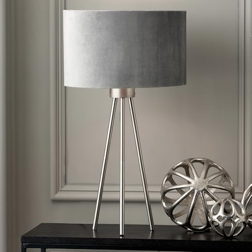 Pacific Lifestyle Modern Art Deco Tripod Table Lamp with Velvet Lampshade | Living Room Table Lamps for Bedroom (Silver)