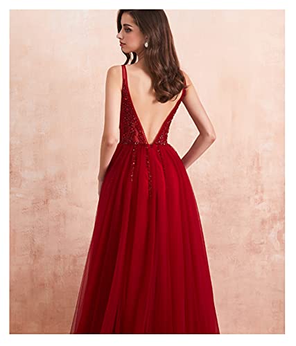 Damesjurken Diepe V-hals Side Split Lange Avondjurk Nieuwkomers Backless Sparkly High Slit Zie door trouwjurk HAKAESR (Color : Burgundy, US Size : 16W) - Image 4