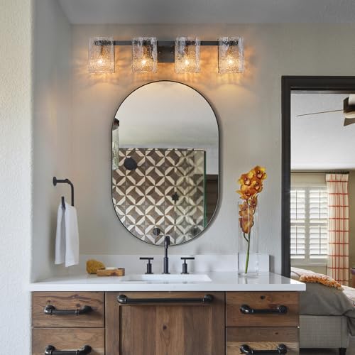 Image of EDISLIVE Vintage Bathroom Vanity Light Black 4-Light Bath Wall Light Fixture with Ripple Block Shades Glass 32.9 inch E12 Antique Wall Sconce for Bedroom Hallway Living Room Vanity Mirror