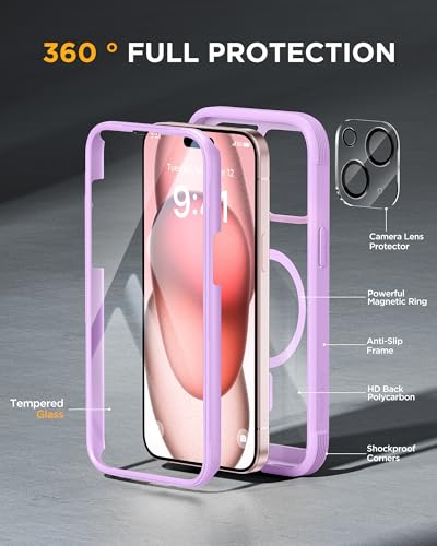 Image of Miracase Glass Series for iPhone 15 Case [Compatible with MagSafe] Full-Body Magnetic Bumper Case with Built-in 9H Tempered Glass Screen Protector + Camera Lens Protector, Light Purple