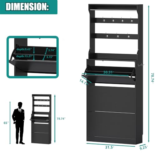 Image of Shoe Cabinet for Entryway with 3 Flip Drawers, Black Tall Shoe Storage Cabinet with Coat Rack, Wood Narrow Slim Hidden Freestanding Shoe Rack Organizer, 2 in 1 Hall Tree for Living Room, Hallway
