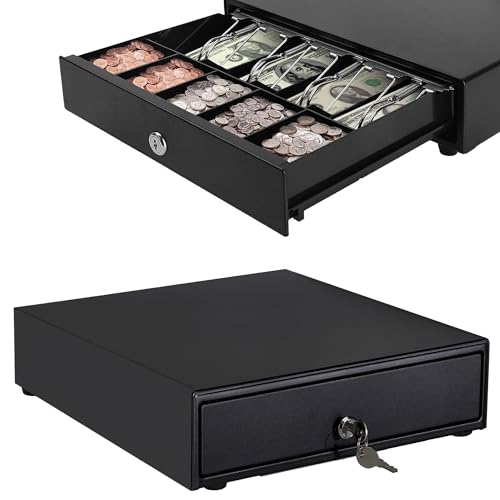 Open Cash Drawer Heavy Duty Electronic Cash Register Till Drawer Box 4 Cash Bills Notes Cheques Compartment 5 Coin Trays Key Lock System for Point Sale Retail Shops Businesses 33.5x38x8cm