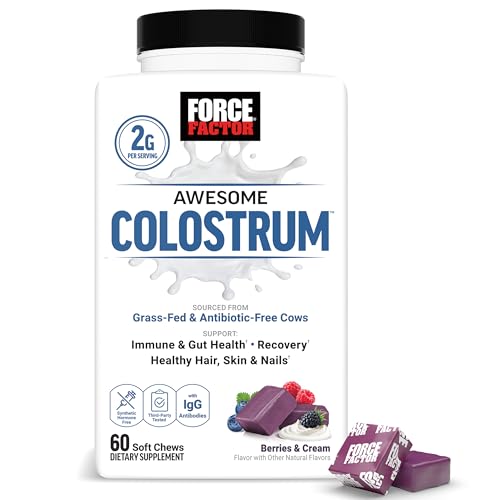 Image of Force Factor Awesome Colostrum Supplement, Berries & Cream, 60 Soft Chews | Bovine Colostrum with Biotin, Grass-Fed, Antibiotic-Free, Supports Gut & Immune Health, Supports Hair, Skin & Nails