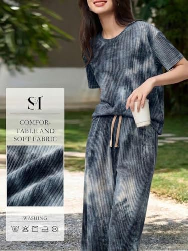 Image of SMOWKLY Korean Night Dress |Summer wear | Lounge Wear |Everyday Pyjama Set |Tie-dye Relaxed Fit Stylish Pajama Sets | Short Sleeve Top & Long Pant Sleepwear Pjs Lounge Set Co-ords Outfit with Pockets