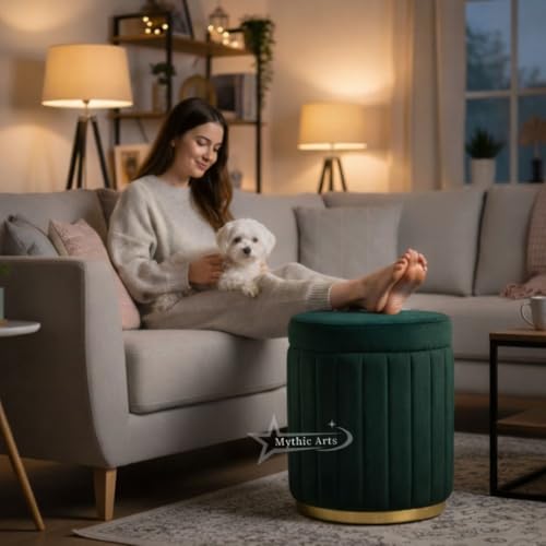 Image of Round Strip Stool with Cushion Foot Rest Office Stool Pouf Ottoman Padded Seat in Living Room - Green