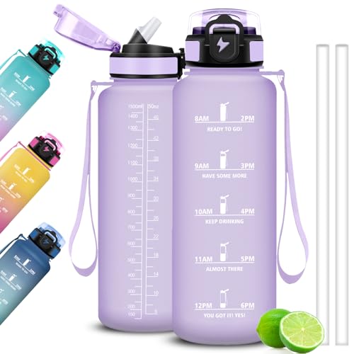 Mujigaga Gourde Motivation - 1.5l- Gourde Graduée pour 1 Journee, avec Paille, Bouteille d'Eau Heure, Étanche, Bouteille d'Eau pour Sport, l'école, Randonnée, Voyage, Fitness