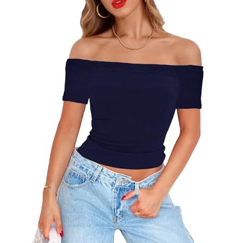 Topstype Off Shoulder Tops for Women Short Sleeve Summer Slim Fit Ribbed T Shirts Fitted Going Out