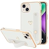 LLZ.COQUE Compatible with iPhone 14 Case for Women Girls, Bling Luxury Plated Bumper with Cute Love-Heart Design, Adjustable Hand Strap Stand, Raised Edges Shockproof Protection for iPhone 14 - White