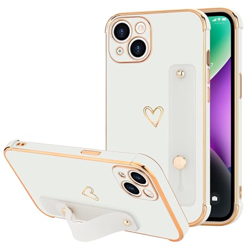 LLZ.COQUE Compatible with iPhone 14 Case for Women Girls, Bling Luxury Plated Bumper with Cute Love-Heart Design, Adjustable Hand Strap Stand, Raised Edges Shockproof Protection for iPhone 14 - White