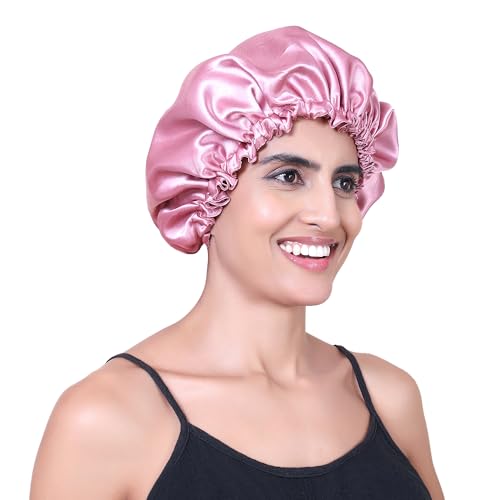 Image of GLUN Hair Bonnet Cap with 3 Satin Scrunchies Combo, Soft Pink Satin Cloth Bonnet Cap Prevents Hair Breakage, Ideal for Curly & Natural Hair, Frizz Control & Moisture Retention