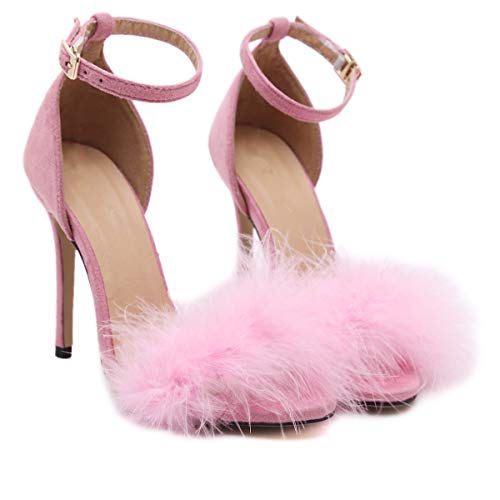 Image of MMJULY Women's Open Toe Ankle Strap Fluffy Feather Stiletto High Heel Dress Sandal