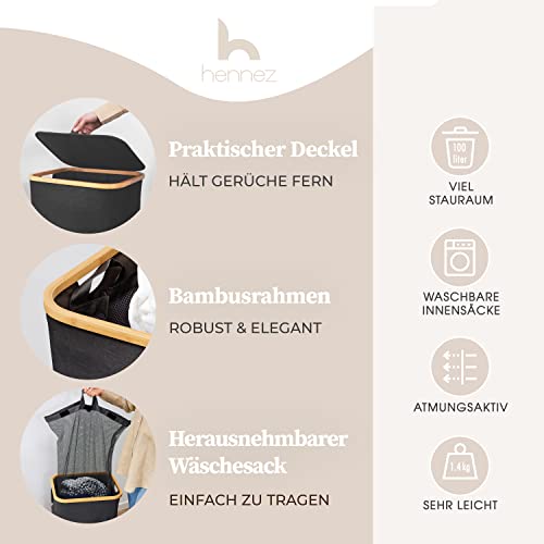 HENNEZ 100L Wäschekorb mit Deckel Grau - herausnehmbaren Wäschesack Wäschesammler schmal mit Deckel - Wäschebox… – Bild 3