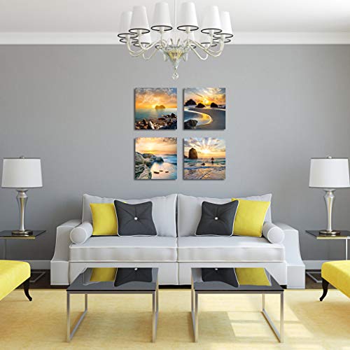 Art Romantic Sea Water Sunset Print Decorative Beach Modern Seascape Paintings On Canvas Wall Artwork For Living Room Bedroom Home Office Decorations 4 Panels Stretched Canvas Prints (Seaview) #TOP2