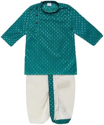 superminis Boy's Cotton Kurta with Dhoti - Golden Thread Work, Solid Round Collar, Full Sleeves, Side Button Kurta Set for Ethnic Wear
