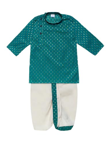 Image of superminis Boy's Cotton Kurta with Dhoti - Golden Thread Work, Solid Round Collar, Full Sleeves, Side Button Kurta Set for Ethnic Wear