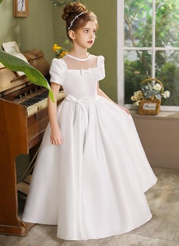 Flower Girl Dresses for Wedding Satin Short Sleeves First Communion Dress with Bow3