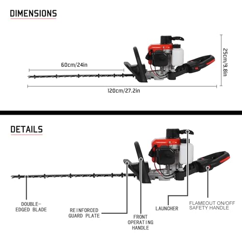 26Cc Petrol Hedge Trimmer, 24 Inch Double Sided Blades, High Power Copper Motor, 2 Stroke Engine, Thickened Splash Guard, Lightweight Anti Slip Handle, For Home Garden Yard (Red) - 5