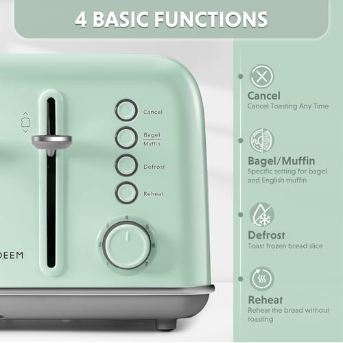 Image of BUYDEEM DT640 Retro 4 Slice Toaster, 7 Shade Settings, Extra Wide 1.5'' Slots, Stainless Steel Toaster with Bagel Muffin Defrost Reheat Function, Green