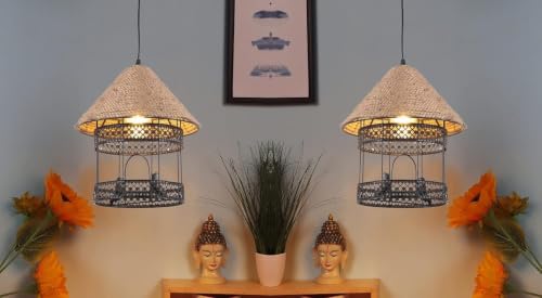Image of Rustic Hanging Light for Home Metal & Natural Rope Pendant Light with Farmhouse Ceiling Hanging Lamp for, (Bulb not Included) Pack of 2