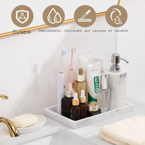 Luxspire Plateau de Salle de Bain en résine, pour Commode, Bijoux, évier de Cuisine, Parfum, Bougies, Savon, Serviette, Plantes, Accessoires de Salle de Bain (Taille M, Aspect marbre Blanc) – vue 2