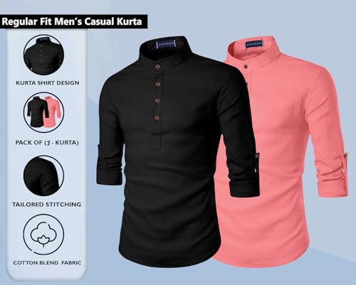 Image of Zombom Men's Combo Cotton Polyester Blend Solid Full Sleeve Straight Regular Fit Mandarin /Chinese Collor Kurta (Pack of 2)