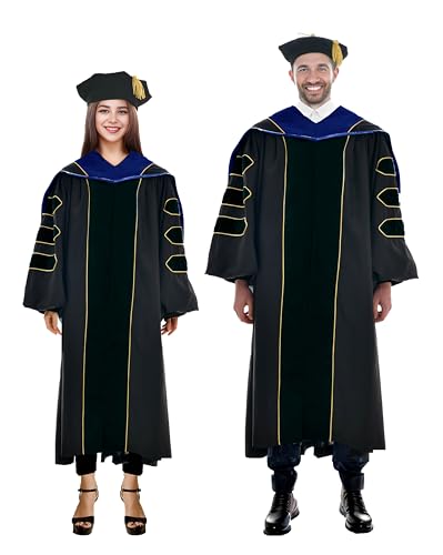 Image of Deluxe Graduation Doctoral Gown Doctoral Hood and Tam 8 Sided Package with Gold Piping Doctoral Regalia