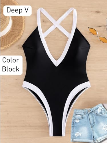 Color Block Swimsuit, Plunge V Neck High Cut, Pool Party Vacation, Sexy Backless One Piece Bathing Suit Cheeky4