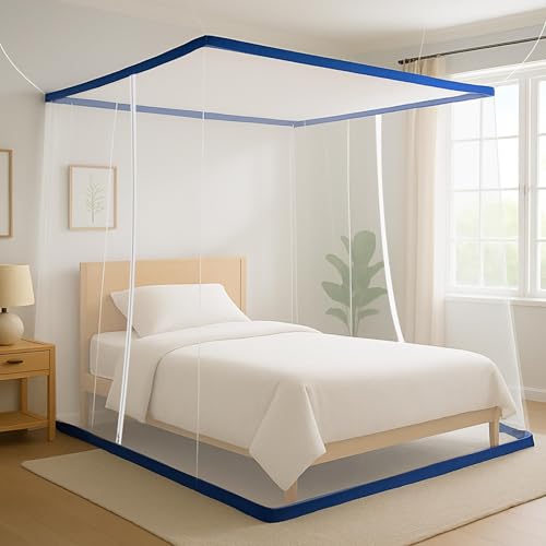 Image of Classic Mosquito Net for Single Size Bed with Double Zipper | Foldable Machardani | Polyester Strong & Breathable Mesh 4 x 6.5 ft | Easy Entry /Exit, Lightweight, Ideal for Home & Travel - Blue