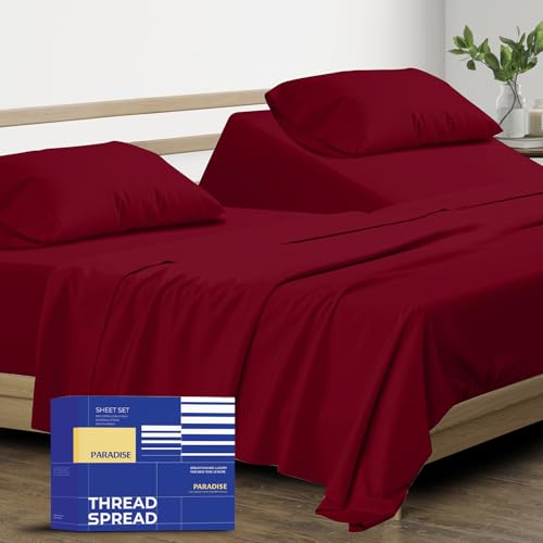Image of THREAD SPREAD Split King Sheet Set, Luxury 1000 Series Paradise Collection 100% Egyptian Cotton Split King Sheets Sets for Adjustable Bed (5 PC, Burgundy), Soft, 16 inch Deep Pocket Hotel Sheets