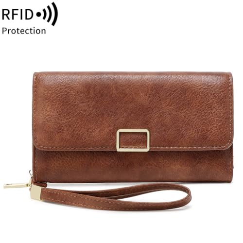 Image of Women Leather Wallet Crossbody Shoulder Bag with Double Zipper and Mobile Phone Purse with Shoulder Strap