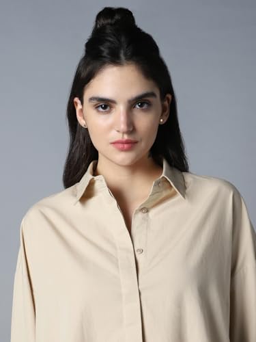 Image of High Star Relaxed Oversized Spread Collar Long Sleeve Cotton Longline Casual Shirt